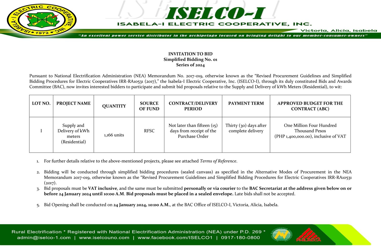 Simplified Bidding No. 01 Series of 2024 - Supply and Delivery of kWh Meters (Residential)